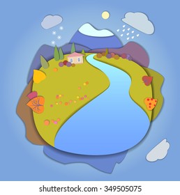 Schematic Representation Of The Global Water Cycle In Nature. Illustration Of The Hydrologic Cycle. Concept Flat Landscape Template Illustration. Paper Cut Style.Effect Of Application.