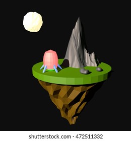 Schematic Representation Of Space Exploration Theme. Rocket Next To The Mountain On A Black Background. 3D Illustration In Low-polygonal Style