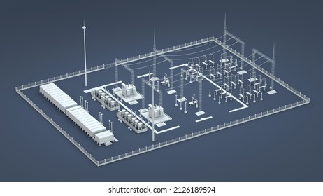 Scheme of an electrical substation. Isometric plan. View from above. Infographic design template. 3d render