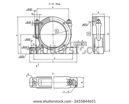 Scheme of machine part - rolling bearing housing.
Engineering mechanical drawing of steel 
device. Industrial design on paper sheet. 
Technology hand schematic diagram 
of machined building industry.