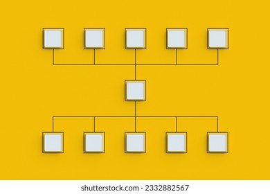 Scheme made from empty buttons. Hierarchical organizational chart concept. Management and marketing. Employee position. Flowchart of hiring and dismissal. Corporate communication. Top view. 3d render - Shutterstock ID 2332882567