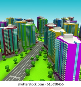 Scheme of the urban episode with the same type of building typical high-rise buildings. In the cartoon style. 3D illustration.