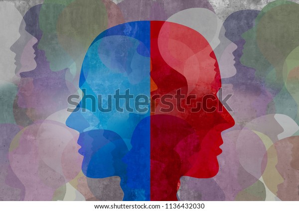 Schizophrenia\
and split personality disorder and mental health psychiatric\
disease concept in a 3d illustration\
style.