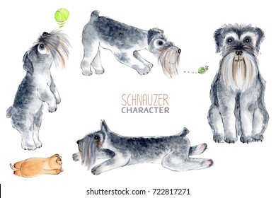 Schnauzer, Watercolor Dog Character. 