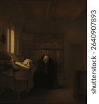 A Scholar in his Study (1635 - 1656) by Salomon Koninck. Vintage oil painting. Beautiful old artwork, oil painting. Vintage illustration.