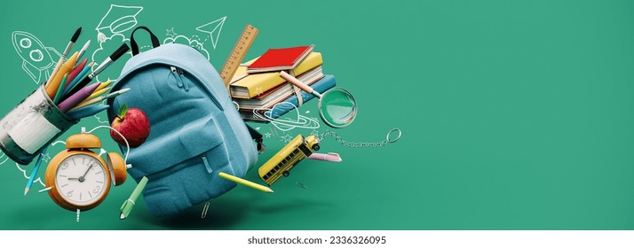 School accessories with school bag on green background with copy space. Ready for school concept. 3D Rendering, 3D Illustration - Powered by Shutterstock