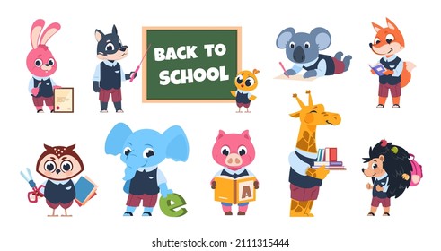 School Animal Characters. Funny Cartoon Kids Reading Writing And Studying At School, Educational Illustration.  Cute Animals