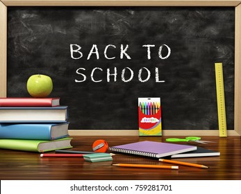 School backpack and objects scattered on the table. 3D illustration.