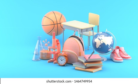 School bags, books, microscopes, science test tubes, globes, basketballs, sneakers and study tables on a blue background.-3d rendering.
 - Powered by Shutterstock