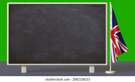 School Board With Space For Text Or Logo Next To A UK Table Flag On A Neutral Background. 3D Rendering. Layout. Blank For Design. Isolated. Education, Tourism Concepts