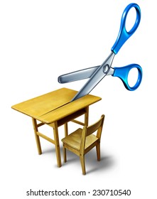 School Budget Cuts Crisis Concept And Education Cutbacks Symbol As An Old Class Desk Being Cut By Scissors As A Metaphor For Belt Tightening Challenges With Finances After A Reduction In Funding.