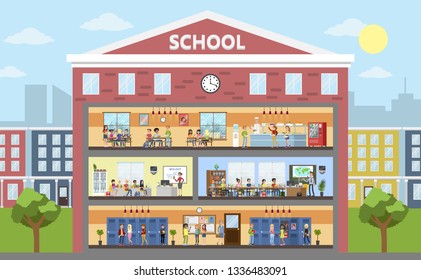 School Building Interior And Exterior. Classrooms, Dining Room And Hall. Getting Education And Knowledge.  Flat Illustration