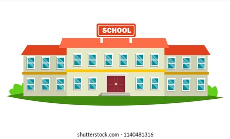 School Building. Modern Education City Construction. Urban Sign. Font Yard. Isolated Cartoon Illustration