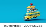 School bus with school accessories and books on blue background 3D Rendering, 3D Illustration