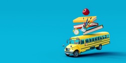 Autobus Szkolny Z Akcesoriami Szkolnymi I Książkami Na Niebieskim Tle Renderowania 3D, Ilustracja 3D