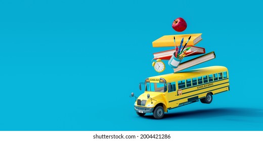 School Bus With School Accessories And Books On Blue Background 3D Rendering, 3D Illustration