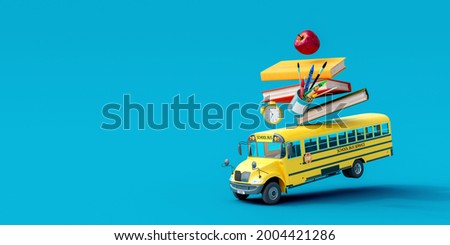 School bus with school accessories and books on blue background 3D Rendering, 3D Illustration Сток-фото © 