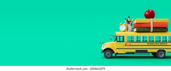 School bus arriving  with school accessories and books on green background 3D Rendering, 3D Illustration