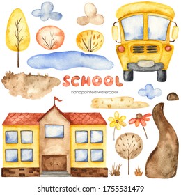 School Bus, School Building, Trees, Road, Flowers. Watercolor School Set