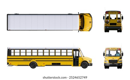 School bus different view isolated on white studio background, top front back and side view