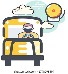 School Bus With Driver In Virus Protection Mask And Bell Instead Of Sun In Sky 