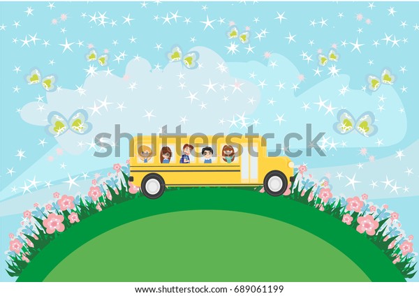 School bus with happy\
children - card