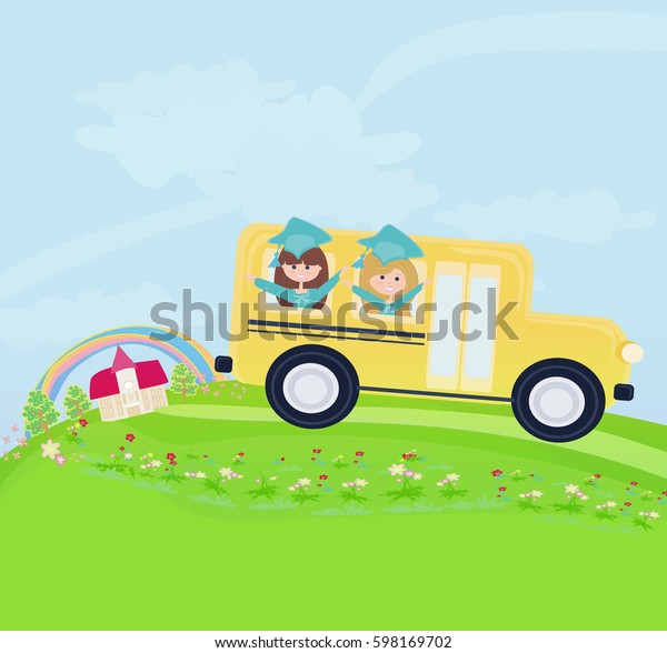  school\
bus heading to school with happy children\
