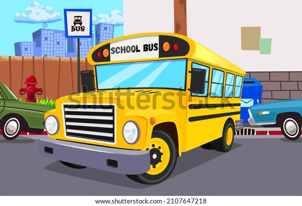 School bus in the street parking lot.Background\
back to school.Cartoon\
style