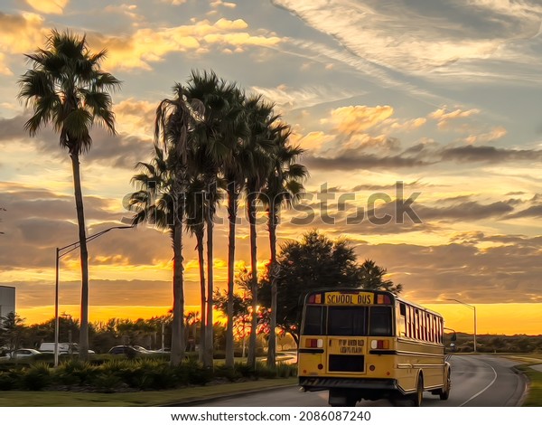 School bus\
traveling past tall palm trees in silhouette along a divided\
suburban parkway toward the setting sun in southwest Florida.\
Digital oil-painting effect, 3D\
rendering.