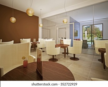 School Cafeteria. High School Canteen. Lunch Room In Beige And Brown Colors. White Modern Cloth Chairs. 3D Render