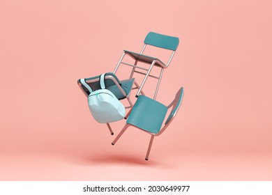 School Chairs With A Backpack Floating In The Air And Stacked On A Pastel Background. Minimal Concept Of Creative Idea, Back To School And Education. 3d Rendering