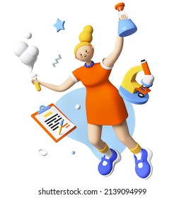 School chemistry experiment - modern realistic 3d illustration. Colorful composition with blonde girl with a flask and reagents in her hands. Fascinating science, microscope and learning idea - Powered by Shutterstock