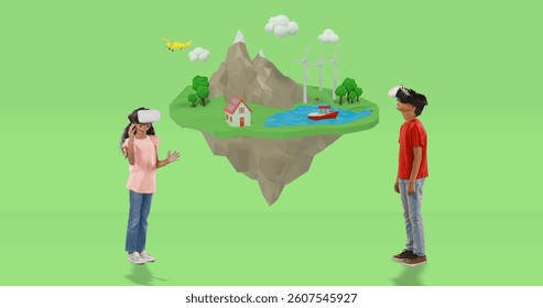 In school, children wearing VR headsets exploring digital adventure in classroom. Technology, virtual reality, education, learning, innovation, exploration