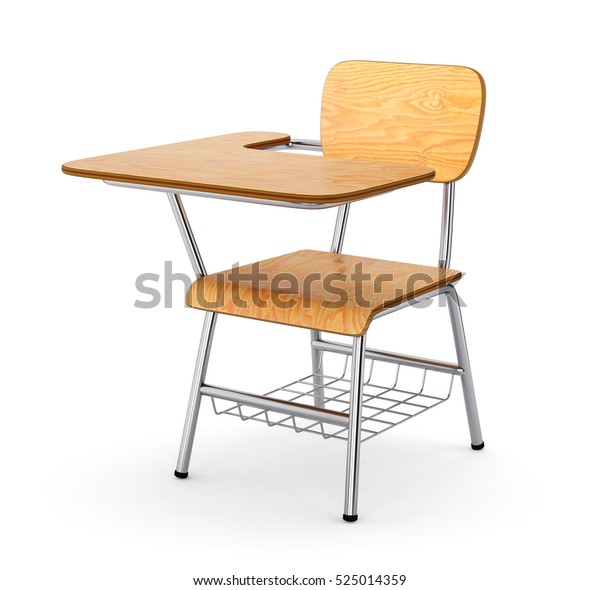 白い背景に学校または大学の机と椅子 木製の家具 3dイラスト の