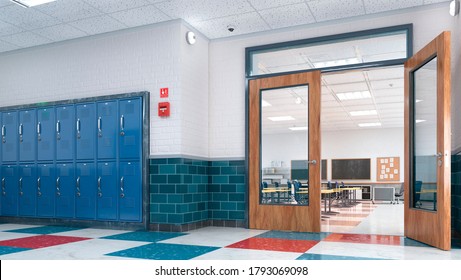 School Corridor And Classroom. 3d Illustration