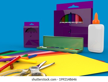 School Craft Supplies Close Up View, 3d Illustration