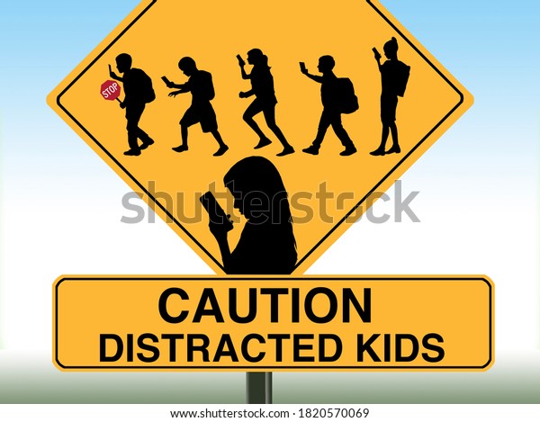 A school crossing sign includes silhouettes of\
children using cell\
phones.
