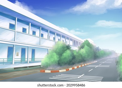 School In Day Light In Anime Style For Game, Manga And Animation Background. 2D Painting Illustration. Stand Alone Building At Noon 