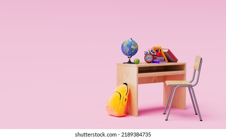 School desk with school accessory and  backpack on a colored background. 3D Rendering