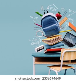 School desk with bag and school accessory on blue background with copy space 3D Rendering, 3D Illustration - Powered by Shutterstock