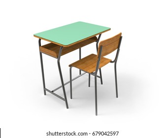 School Desk With Chair, Isolated On White Background.