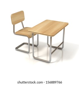 School Desk And Chair On White Background