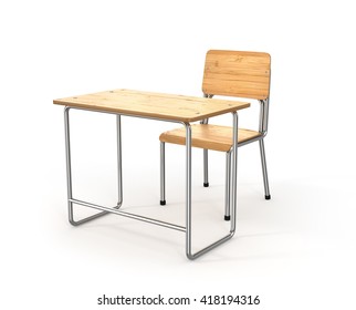 School Desk And Chair On White Background. 3d Illustration