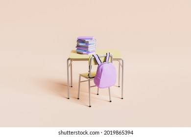 school desk full of books with pink backpack hanging on the chair on pastel beige background. minimalistic scene. concept of education and back to school. 3d rendering - Powered by Shutterstock