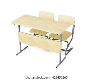 School Desk And Two Chairs Isolated On White Background. 3d Rendering.