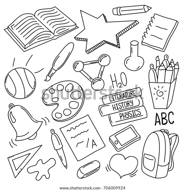 School Doodles Black White Digital Illustration Stock Illustration