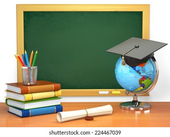 School Education Concept. Mortar Board, Blackboard, Books, Globe And Pencils. 3d