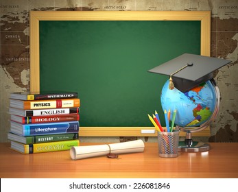 School Education Concept. Mortar Board, Blackboard, Textbooks, Globe And Pencils. 3d