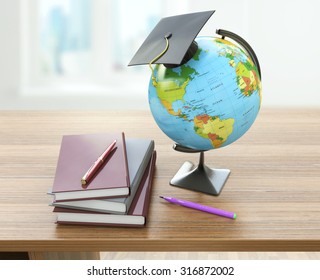 School Education Concept. Mortar Board, Textbooks, Globe And Pencils. Homeschooling Concept