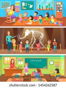 School education and lessons banners, happy children in different classrooms and anatomical museum, learning alphabet, young woman teaching kids raster - Shutterstock ID 1454262587